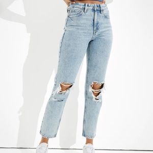 AE Mom Straight Light Wash Distressed Jeans